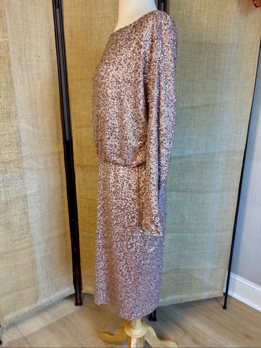 St. John Rose Gold Sequin Metallic Long Sleeve Midi Silk Dress Womens size 4 - Picture 7 of 16